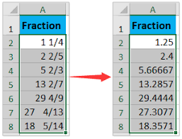 fraction and decimal in excel