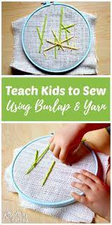 teach kids to sew using burlap and yarn