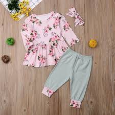 Infant Baby Girls Clothes Set Long Sleeve Floral Tunic Dress Tops Pants With Headband Outfits Set