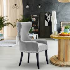 grey tufted velvet dining chair wing