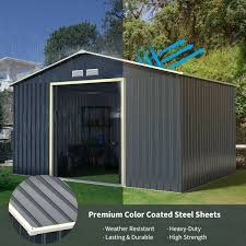 outdoor 11 x 8 feet metal storage shed for garden and tools with 2 lockable sliding doors gray color gray