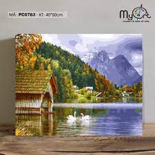 Tranh tô màu theo số PC0783 Tranh sơn dầu số hóa phong cảnh thiên nhiên núi  rừng hồ nước thiên nga