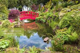 Red Bridge Over Pond Stock Photo By