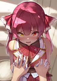nyaa28, houshou marine, houshou marine (1st costume), hololive, commentary  request, highres, 1girl, cleavage, gloves, heterochromia, holding hands,  interlocked fingers, long hair, looking at viewer, pov, red eyes, red hair,  see