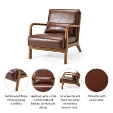 Glitzhome Brown Mid Century Modern Coffee Leatherette Accent Armchair With Walnut Ruberwood Frame Set Of 2
