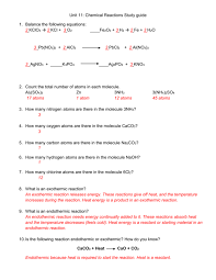 Unit 11 Chemical Reactions Study Guide
