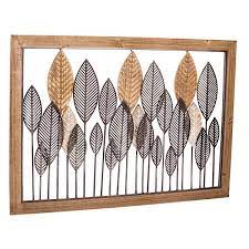 metal leaves with wood frame wall decor