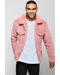 Boohooman Faux Fur Trucker Coat In Pink