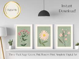Wall Art Sage Green With Pink Flowers