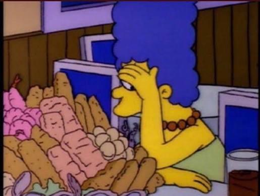marge simpson hiding by fried foods