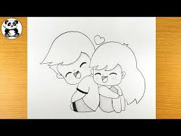 cute cartoon couple pencil sketch