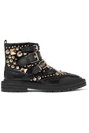 Everdon Buckled Studded Glossed Leather Ankle Boots