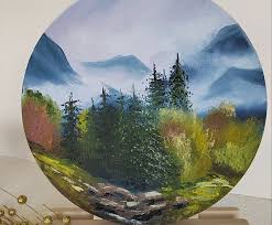 Mountains Painting Oil Round Foggy