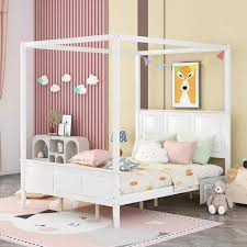 Anbazar Canopy White Queen Bed Wood