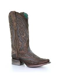 Corral Brown Grey Inlay Embroidery And Studs Square Toe Boots E1512