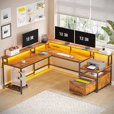 l shaped desk with led lights and hutch