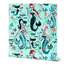 martini mermaids wallpaper spoonflower