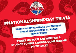 Mira lo que tus amigos están diciendo acerca de bubba gump shrimp co. Bubbagumpco On Twitter Question 2 What Fruit Company Did Forrest Invest His Shrimpin Business Money Into Tweet Us Your Answer For Your Chance To Win A Bubba Gump Shrimp Prize Pack Nationalshrimpday