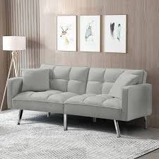 74 in w square arms velvet futon twin size sofa bed 3 seater straight sofa with 2 pillow in light gray
