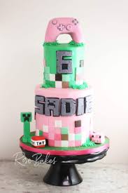 a pink minecraft birthday cake for a