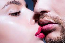 sensual pionate couple kissing lips