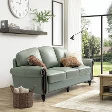 Jayden Creation Edmund 84 In Rolled Arm Genuine Leather Rectangle Carved Solid Wood Legs Sofa In Sage Green
