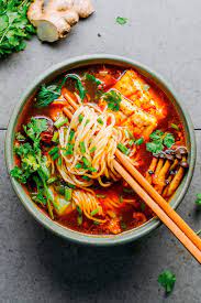 vegan kimchi noodle soup full of plants