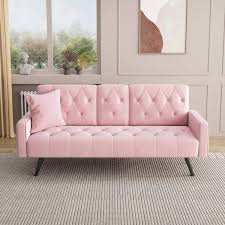 72 In Pink Velvet Twin Size Sofa Bed With 2 Cup Holders