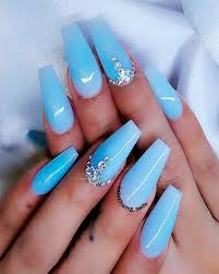 This is a bright and easy to wear nail idea that will suit everyone. Cute Baby Blue Coffin Nails With Diamonds Blue Gel Nails Blue Coffin Nails Diamond Nails