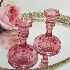 Pink Glass Candlestick Holders Set Of 2