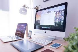 Office Setup With Apple Monitor And Computer Image Free Stock Photo  gambar png