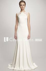 A Line Sleeveless Floor Length Lace Satin Wedding Dress With Illusion Back And Sweep Train