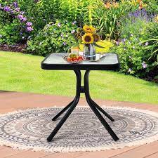 Top Patio End Table Outdoor Metal Square Side Table W Tempered Glass Tabletop Black
