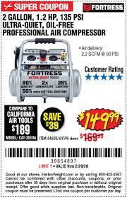 Just like the other fortress air compressors, these are geared towards the professional and compare well with similar models from. Fortress 2 Gallon 1 2 Hp 135 Psi Ultra Quiet Oil Free Professional Air Compressor For 149 99 Harbor Freight Coupons