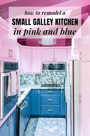 pink and blue small galley kitchen remodel