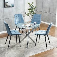 round glass dining table and 4 blue