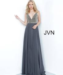 Jvn2574 Charcoal Beaded Bodice Chiffon Prom Dress