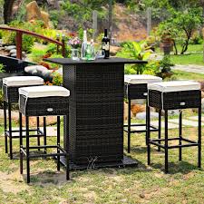 5 Piece Outdoor Rattan Bar Set Wicker Bar Furniture With 4 Cushioned Stools Smooth Top Table Storage Shelf Navy