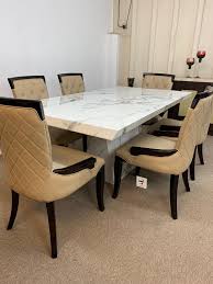 Celebrate your new modern dining table by inviting your friends to a dinner party. Oslo Marble Dining Table 160cm 6x Tirana Chairs Designer Marble