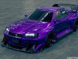 Purple nissan skyline r34 with modified and black rims 4K wallpaper download