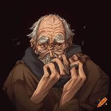 Anime portrayal of a homeless old man on Craiyon