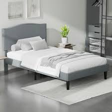 Vecelo Upholstered Bed Gray Metal Frame Twin Platform Bed With Upholstered Headboard Strong Bed Frame And Wooden Slats Support Gary