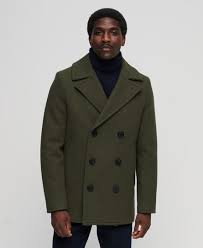 Wool Pea Coat In Dark Moss Green