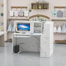 Fufu Gaga 55 9 In L Shaped Marble Wood Reception Desk Computer Desk With Shelves And Cabinet Writing Table Workstation