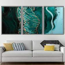 Set Of 3 Prints Acrylic Fluid Art Teal