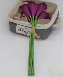 Long stem cala wedding bouquets. Plum Purple Calla Lily Flowers Real Touch Wedding Bouquet Vanrina