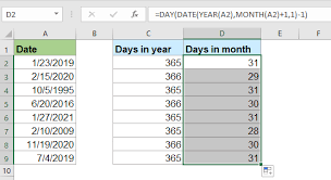 days in a month or a year in excel