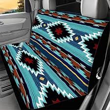 Wellflyhom Aztec Print Universal Rear Split Bench Seat Cover For Cars Truck Suv No Headrest Tribal Turquoise Geometric Stripe Design Back Seat