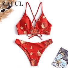 2019 Zaful Star Sun Moon Lace Up Bikini Set Spaghetti Straps Wire Free Swim Suit Women Summer Bathing Suit High Cut Padded Swimwear Y19062701 From