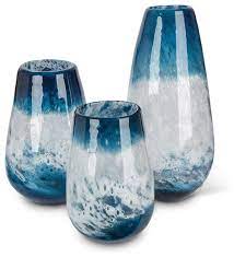 blue art glass vase set of 3